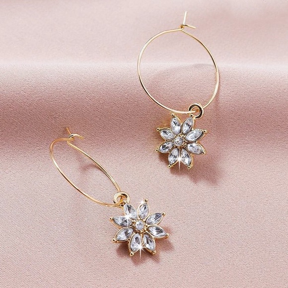 Any 2/$20! Gold Wire Crystal Flower Hoop Earrings - Picture 3 of 5